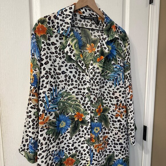 Mlle Gabrielle | Sz 18 Animal Print Tropical Floral Button Up Tunic Top Cover Up - Picture 2 of 9